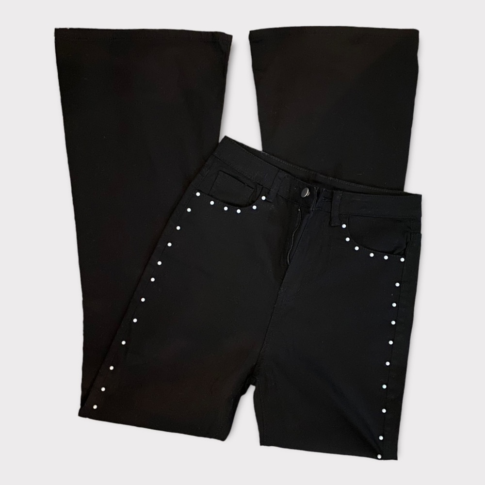 SHEIN High Waisted Black Wide Leg Pearl Trim Chino’s